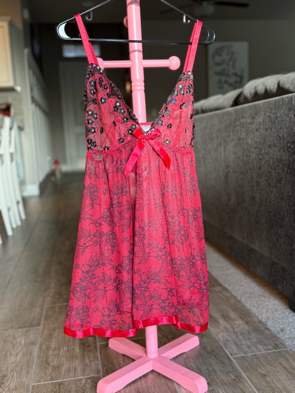 Vintage Red Floral Lace Babydoll Nightie with Embellished Bust 1X